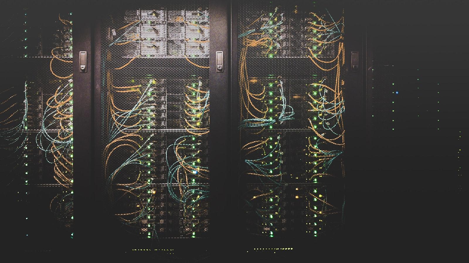 Server racks with network cabling in a data center